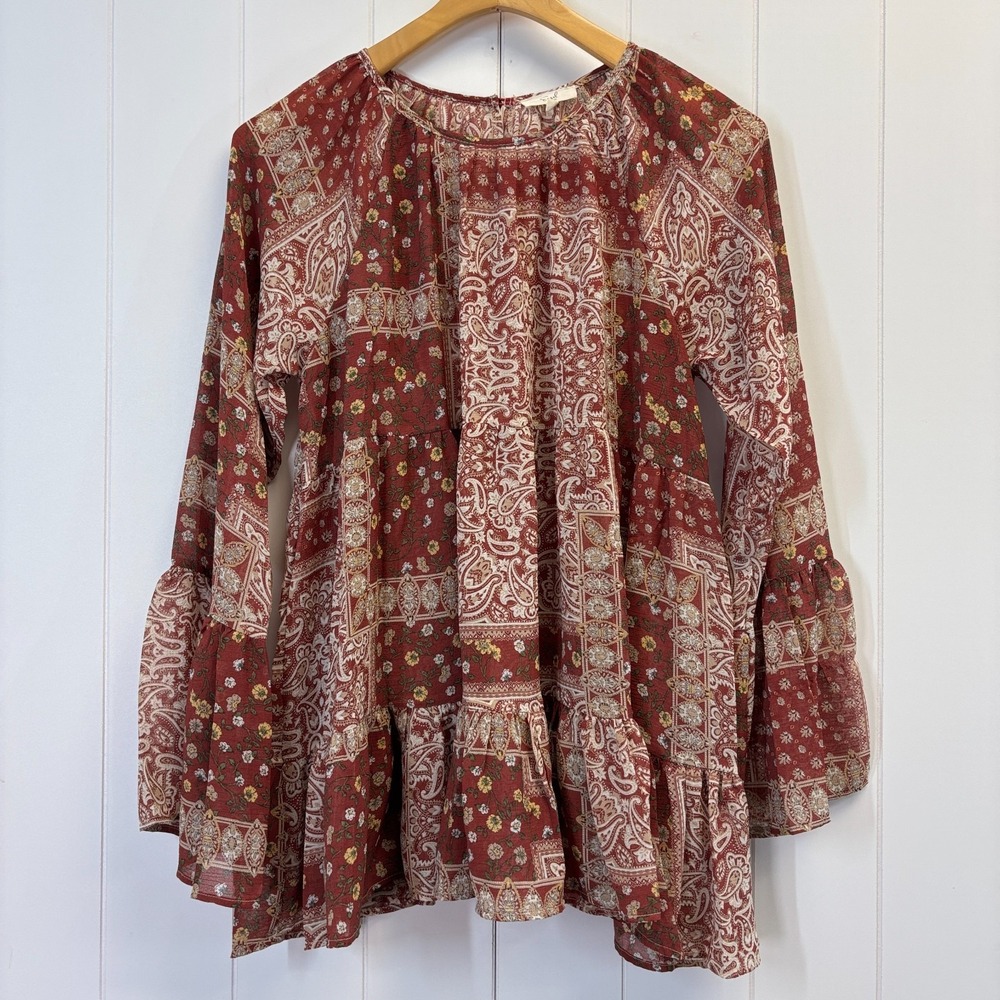 Easel Boho Floral Patchwork Print Tunic Top Womens Small Paisley Romantic Chic
